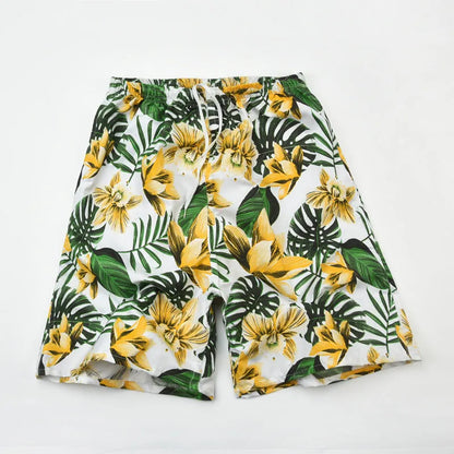 Men's floral printed swimming trunks in polyester fabric showing multiple pattern options for beach and pool use
