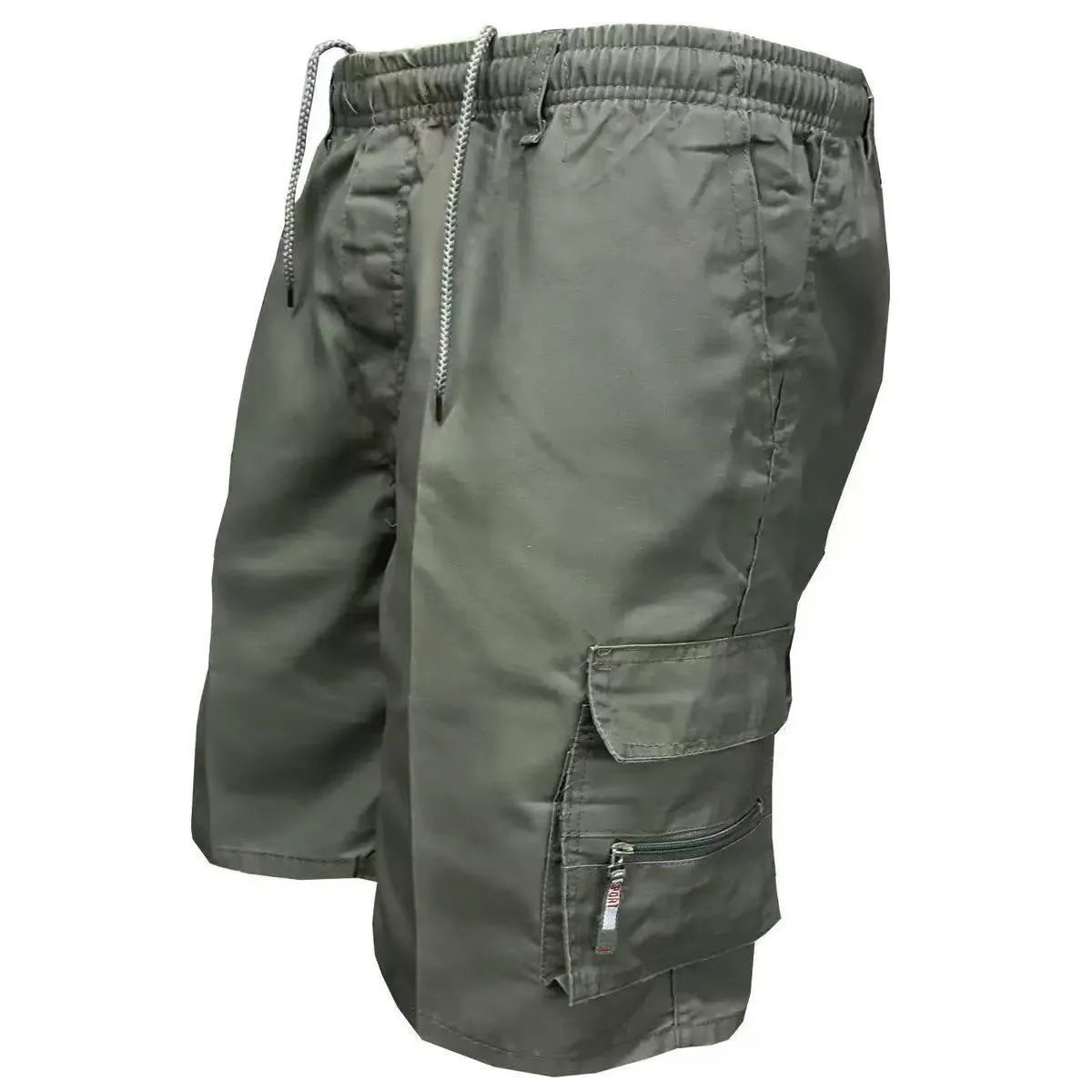 Man wearing loose-fit beige casual work pants with an elastic waistband.