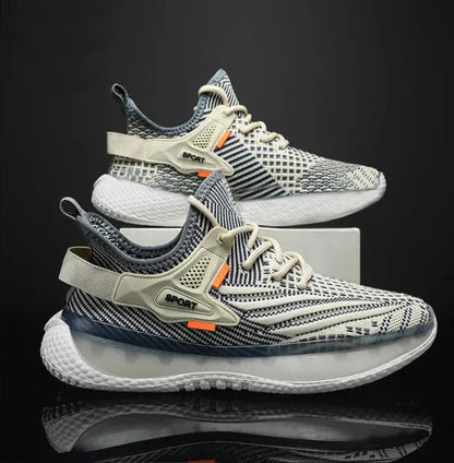 Men's white low-top mesh platform sneakers with round toe and front lace-up design on a rubber sole