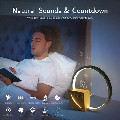 Multifunctional bedside lamp with dimmable LED lights, natural sounds, and alarm clock features