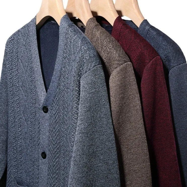 Man wearing a striped brown cardigan sweater with long sleeves and wool lining.