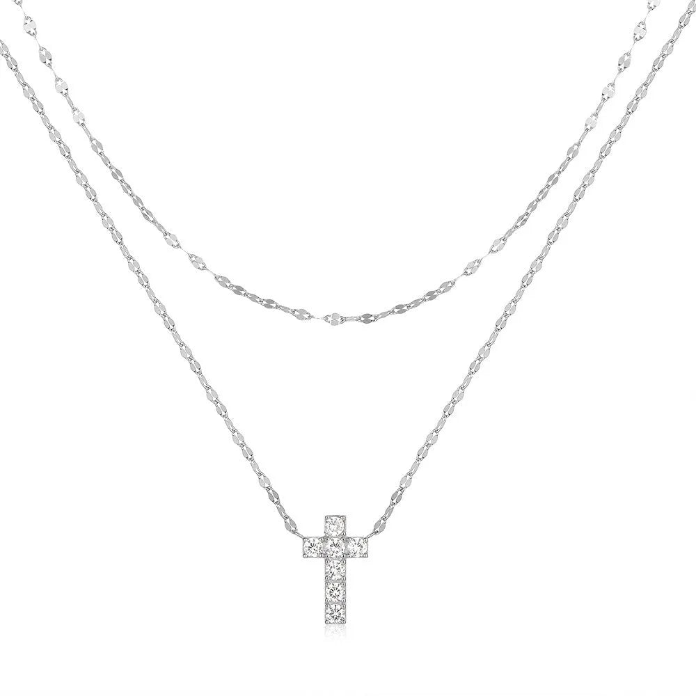 S925 sterling silver double layer twin diamond cross pendant on adjustable 40-45cm chain