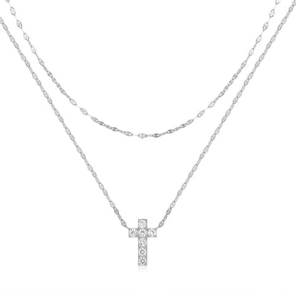 S925 sterling silver double layer twin diamond cross pendant on adjustable 40-45cm chain