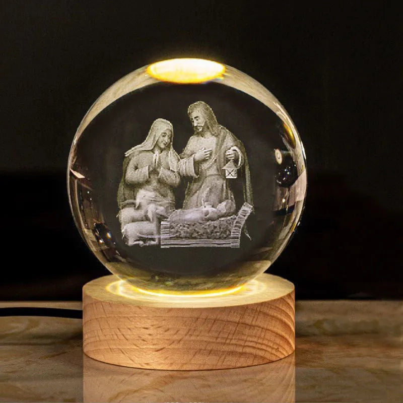 White crystal ball ornament with solid wood warm light base, showing purity engravings like Cross and Maria for desk decor