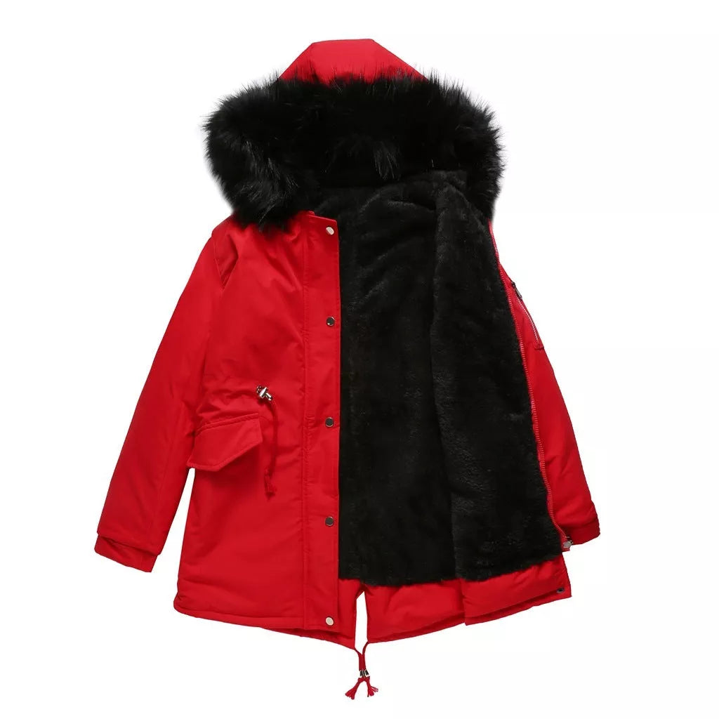 Mid-length hooded parka in various colors, ideal for cold weather protection