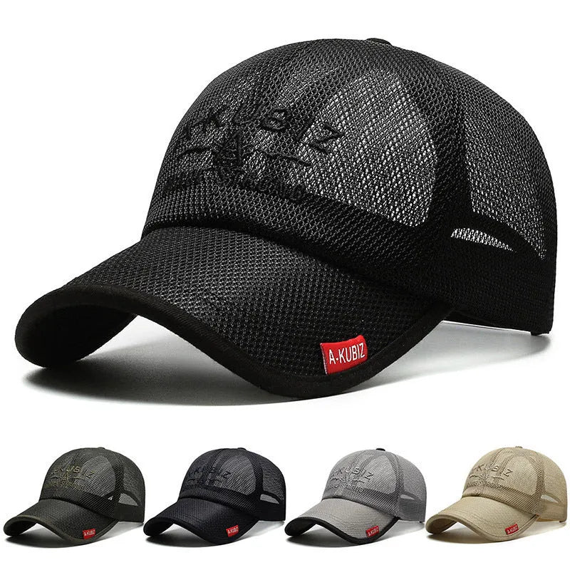 Mesh baseball cap for men adjustable summer sun protection in khaki, black, dark blue, light gray, or army green with cotton fabric dome crown and satin processing for casual breathable wear