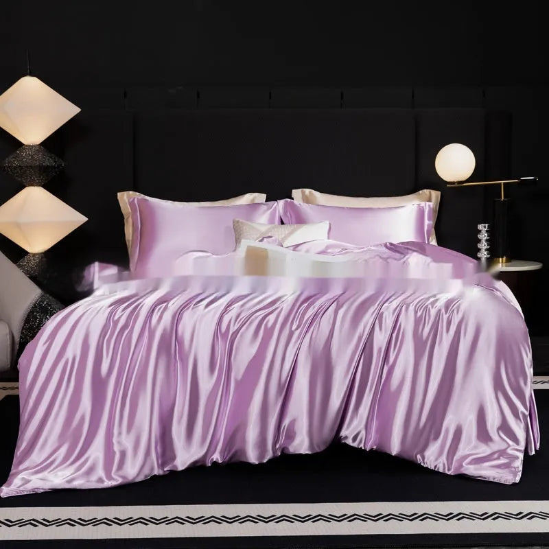 Household Fashion 100% silk bed sheet four-piece set in seven colour options showing fitted sheet, flat sheet and pillowcases