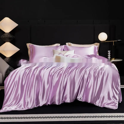 Household Fashion 100% silk bed sheet four-piece set in seven colour options showing fitted sheet, flat sheet and pillowcases