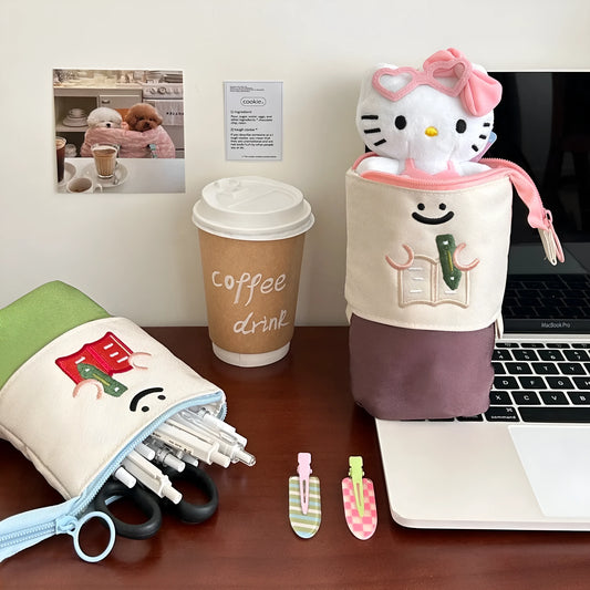 Brown and green cartoon collapsible pencil case measuring 17x14cm with Oxford fabric construction