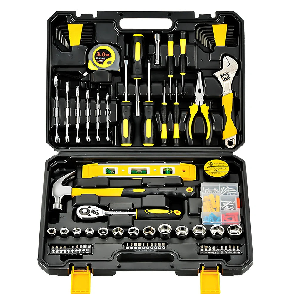108-piece carbon steel tool set with sockets, wrenches, bits, tape measure, and hammer in toolbox
