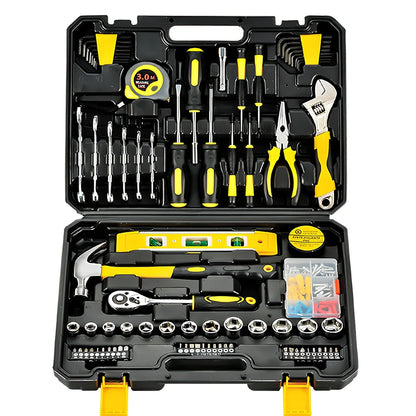 108-piece carbon steel tool set with sockets, wrenches, bits, tape measure, and hammer in toolbox