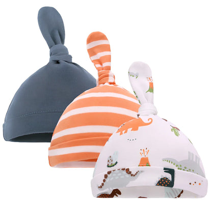 Pure cotton baby hat with dinosaur orange stripes pattern showing 36-48cm adjustable head circumference