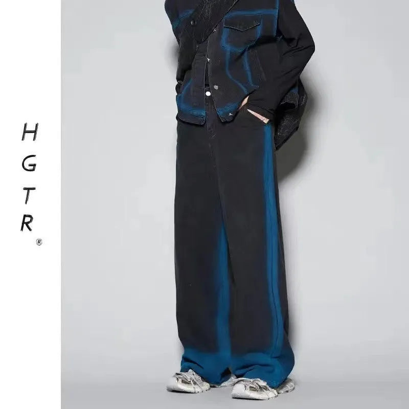 Blue distressed vest and jeans two-piece set with fleece lining, showing spray colour gradient finish and knitwear style