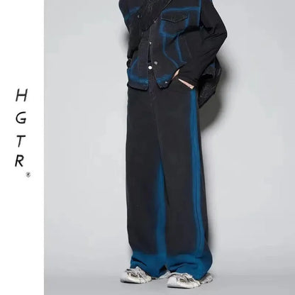 Blue distressed vest and jeans two-piece set with fleece lining, showing spray colour gradient finish and knitwear style