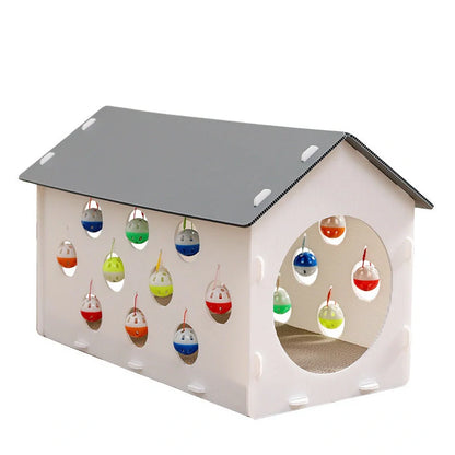 Integrated cat scratch board with attached nest and dangling bell ball toy on 15cm cord