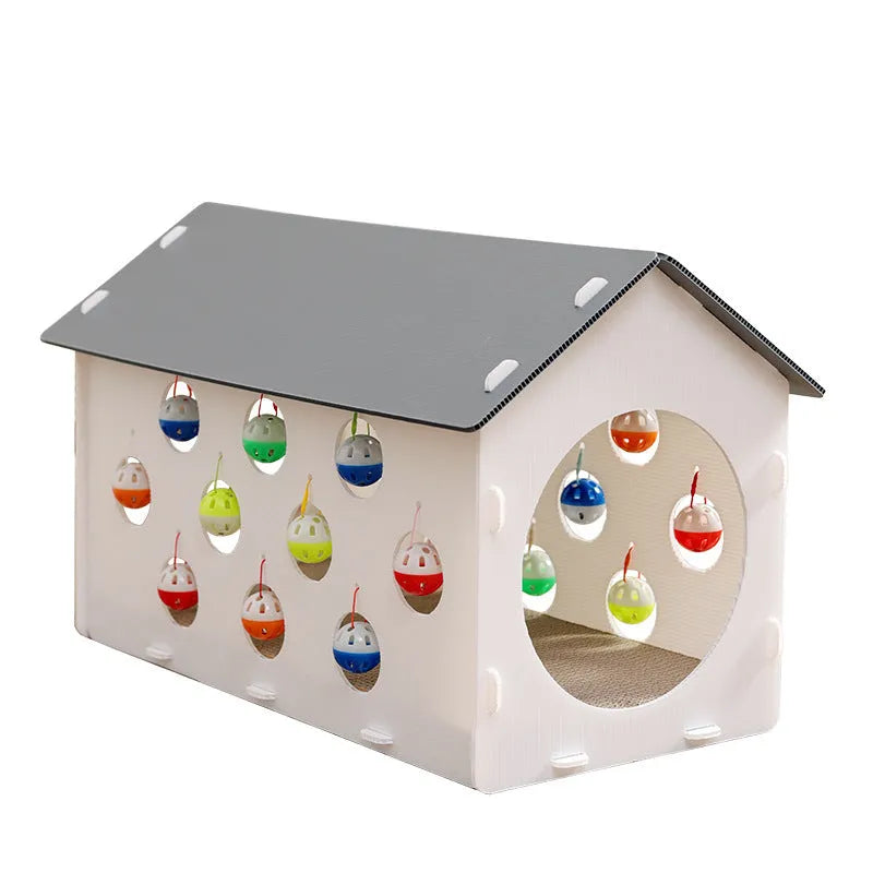 Cat scratch board with integrated 40cm nest and dangling bell ball toy for feline enrichment