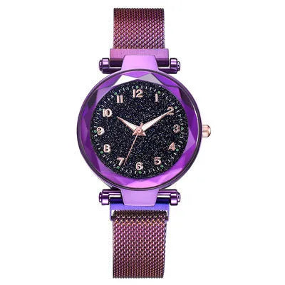 Luminous starry sky quartz watch with 20.5mm round dial, alloy strap, and stainless steel watch-bottom in five colours
