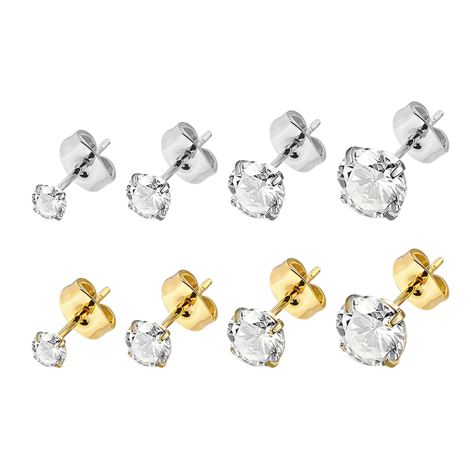 Square geometric stainless steel stud earrings with a round zircon stone, available in steel or gold colour.