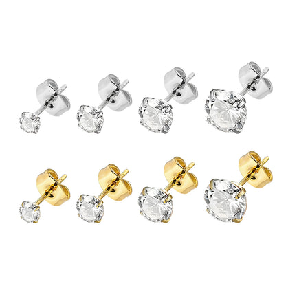 Square geometric stainless steel stud earrings with a round zircon stone, available in steel or gold colour.