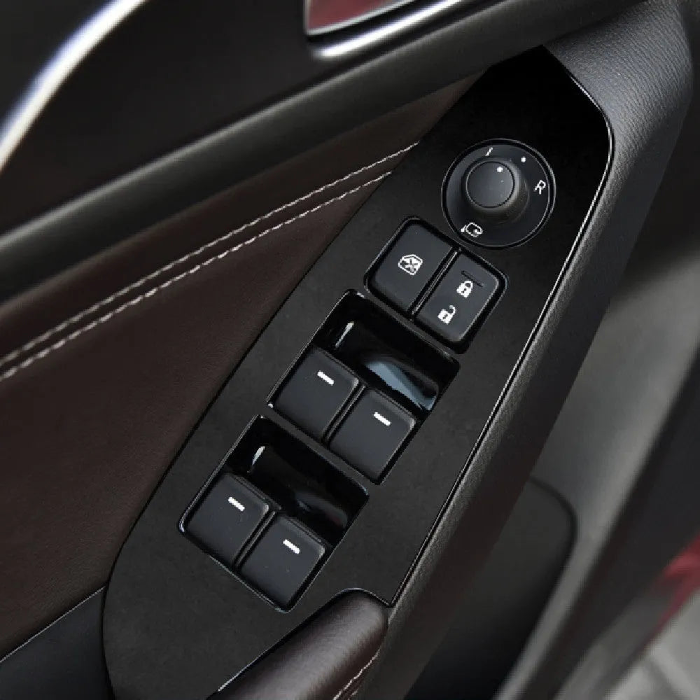 TPU protective film set for car door control panels in transparent, carbon fibre black, and matte black finishes