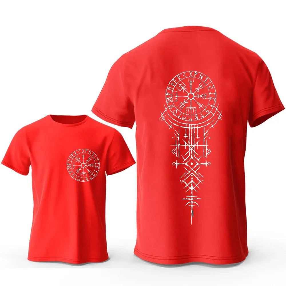 Men's grey T-shirt with a large black Viking rune compass graphic printed on the chest.