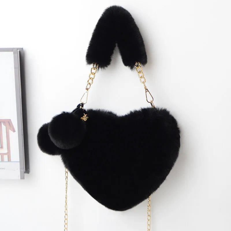 Women's soft plush heart-shaped handbag with shoulder strap in multiple solid colours