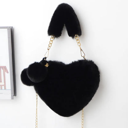 Women's soft plush heart-shaped handbag with shoulder strap in multiple solid colours