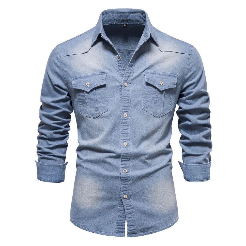 Men's solid colour slim fit cotton denim shirt with long sleeves and button front.