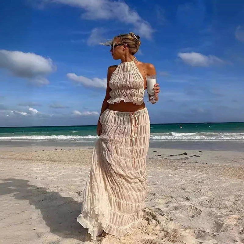 Sleeveless backless crop top and pleated maxi dress set in various colors