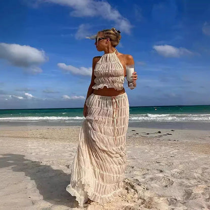 Sleeveless backless crop top and pleated maxi dress set in various colors