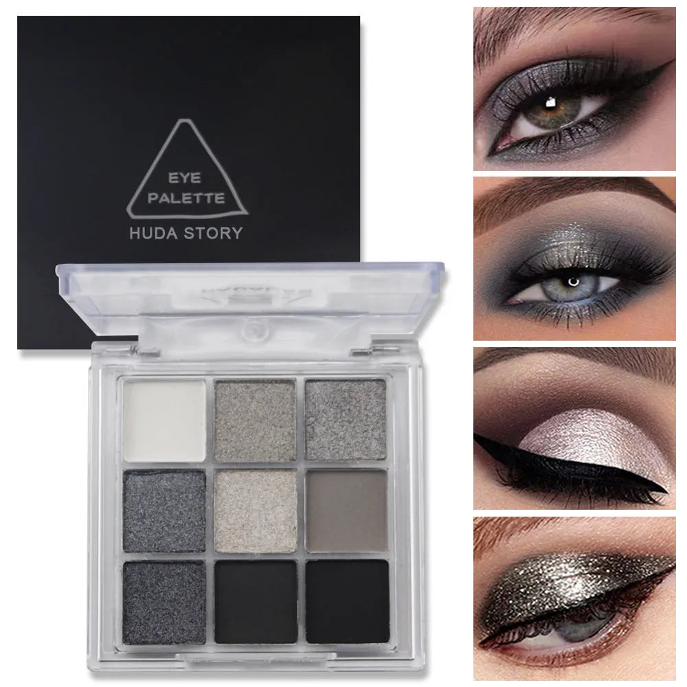 CZ0069 nine-colour smokey eyeshadow palette showing white, silver, black, and iron grey shades.