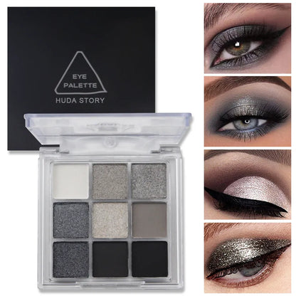 CZ0069 nine-colour smokey eyeshadow palette showing white, silver, black, and iron grey shades.