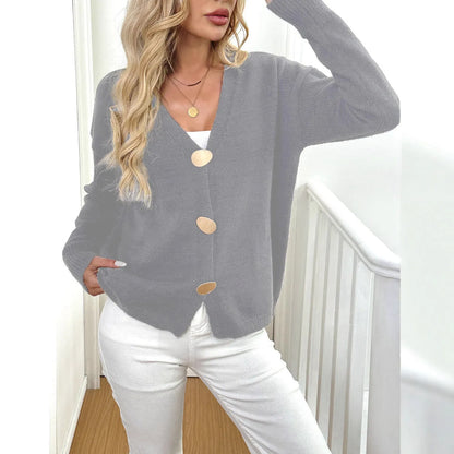 Women's grey deer plush long sleeve sweater coat with princess sleeves on a hanger.