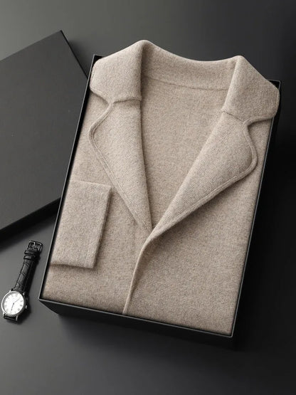 Men's cashmere blend lapel cardigan sweater in light grey showing loose fit and thickened knit construction