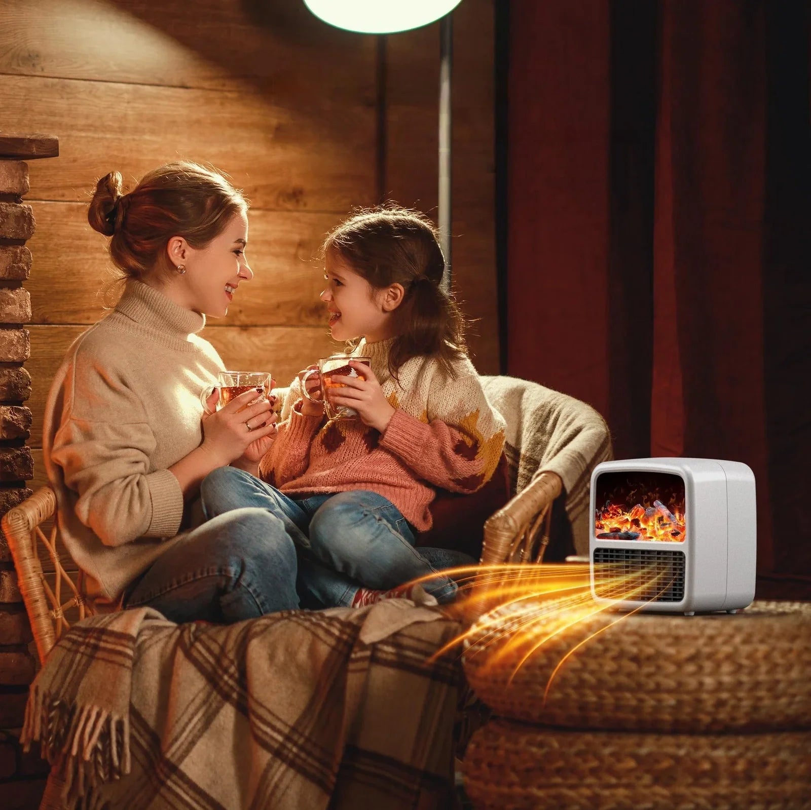 Black desktop electric space heater with ceramic heating element and mechanical controls measuring 22cm square