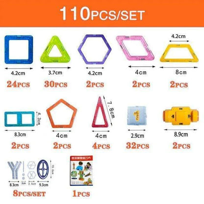 Colorful magnetic building blocks with children playing and building structures