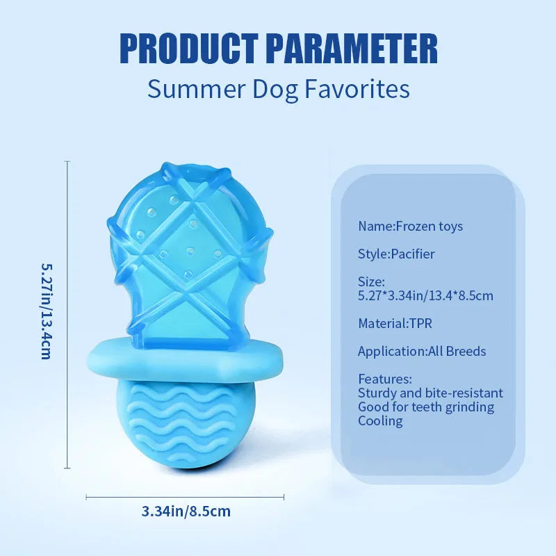 Summer ice cold dog popsicle cooling pet supply toy set with water-filled plastic sticks designed to soothe gums and provide cooling relief for teething dogs and puppies during hot weather, available in pacifier, popsicle, and ring shapes.