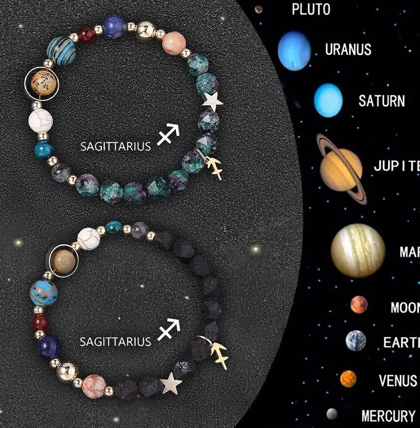 Two natural stone zodiac bracelets with adjustable cords showing sliding knot mechanism and zodiac bead details