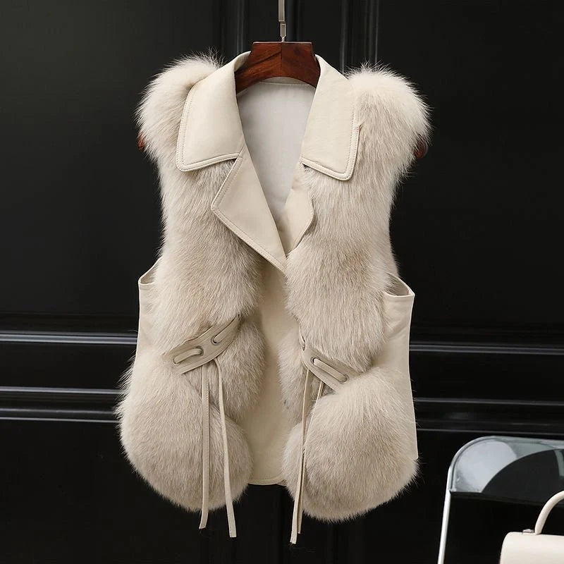 Women's short artificial fur vest in patchwork design, available in milk tea and camel colors