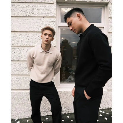 Men's loose fit knitted sweater in black or apricot, long sleeve pullover with wrinkle-free polyester blend, Japanese fresh casual style