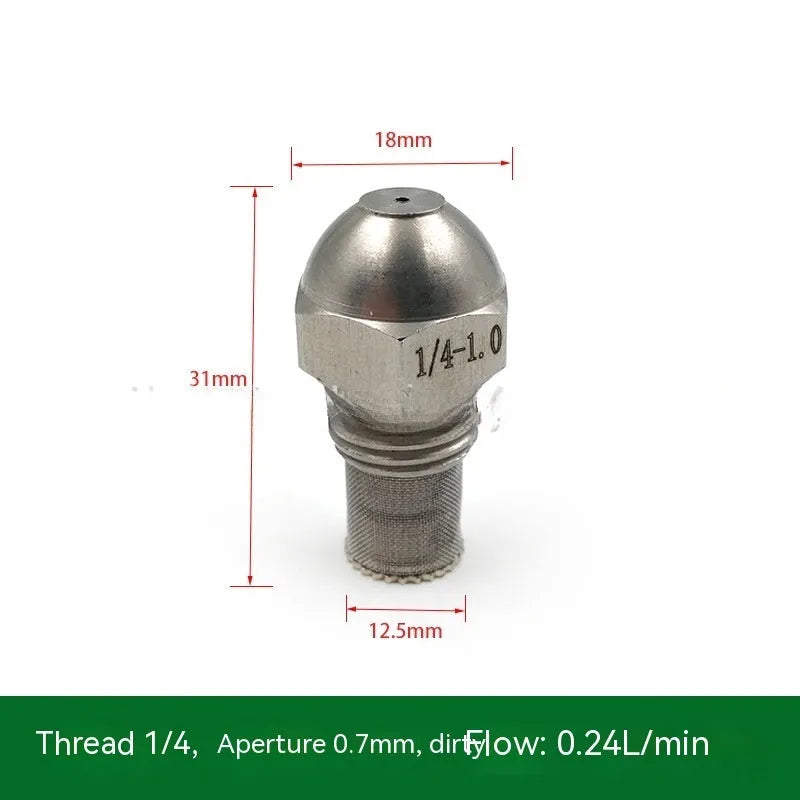 304 stainless steel high and low pressure atomising nozzle with external thread and filter.