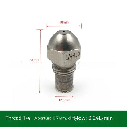 304 stainless steel high and low pressure atomising nozzle with external thread and filter.