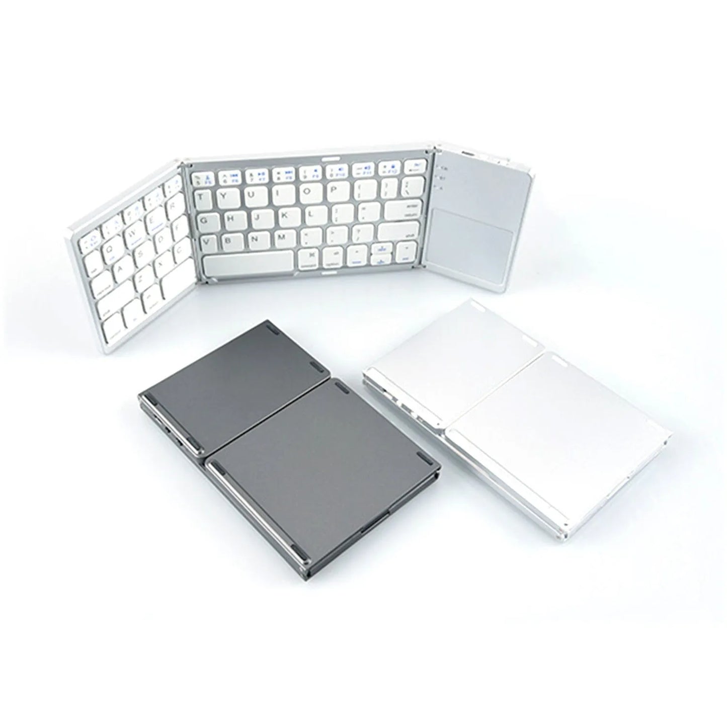 Tri-fold Bluetooth keyboard in black showing compact folded size next to smartphone