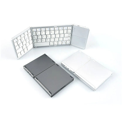 Tri-fold Bluetooth keyboard in black showing compact folded size next to smartphone