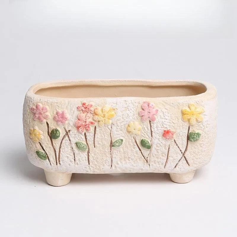 Small rectangular ceramic flower pot with hand-painted design for succulents and bonsai plants