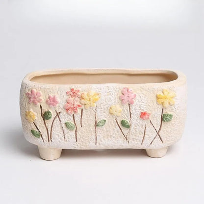 Small rectangular ceramic flower pot with hand-painted design for succulents and bonsai plants