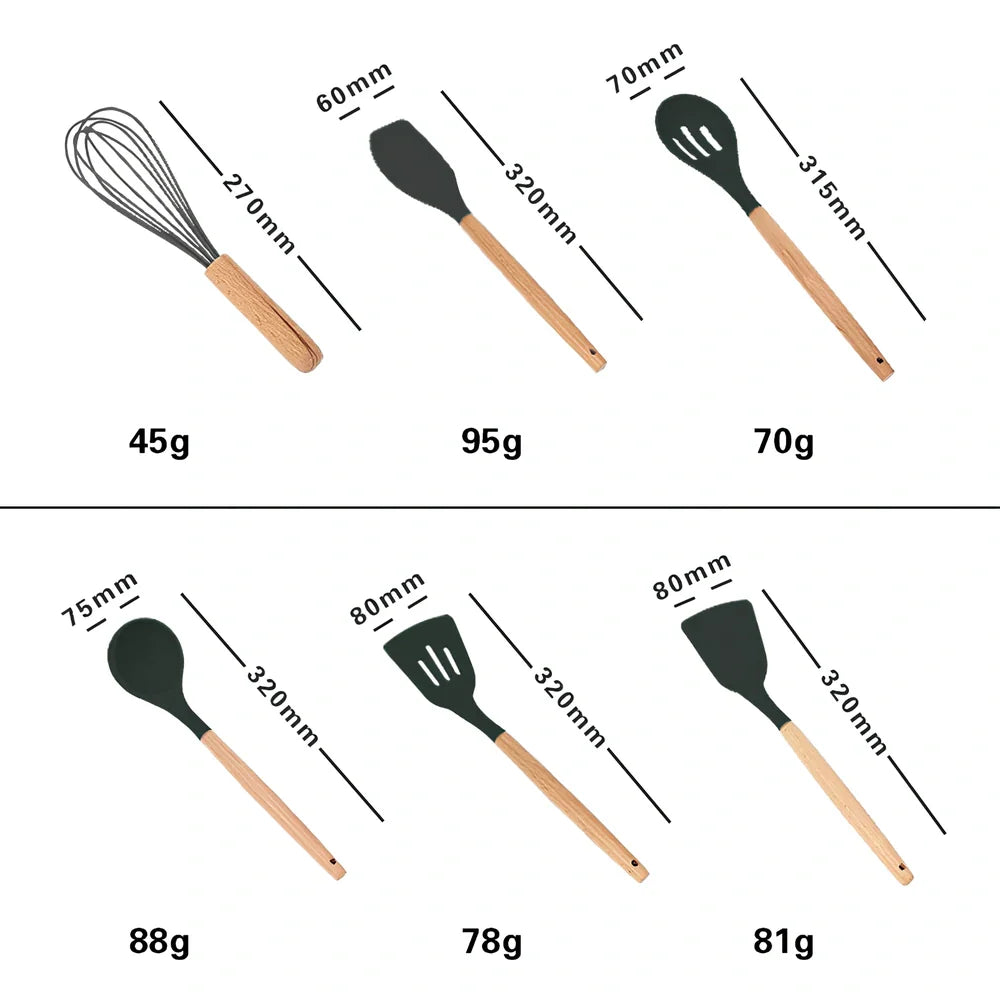 Wooden handle silicone cooking utensils set with 12 tools including spatula, whisk and food tongs in organiser barrel