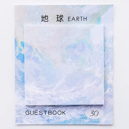 Square 7.3cm sticky notes with oil painting planet designs including Earth, Mars, Mercury, Pluto, and moon variations