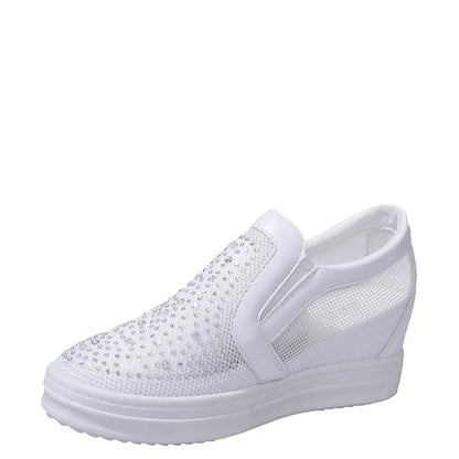 Women's black and white mesh slip-on wedge shoes with rubber sole and round toe