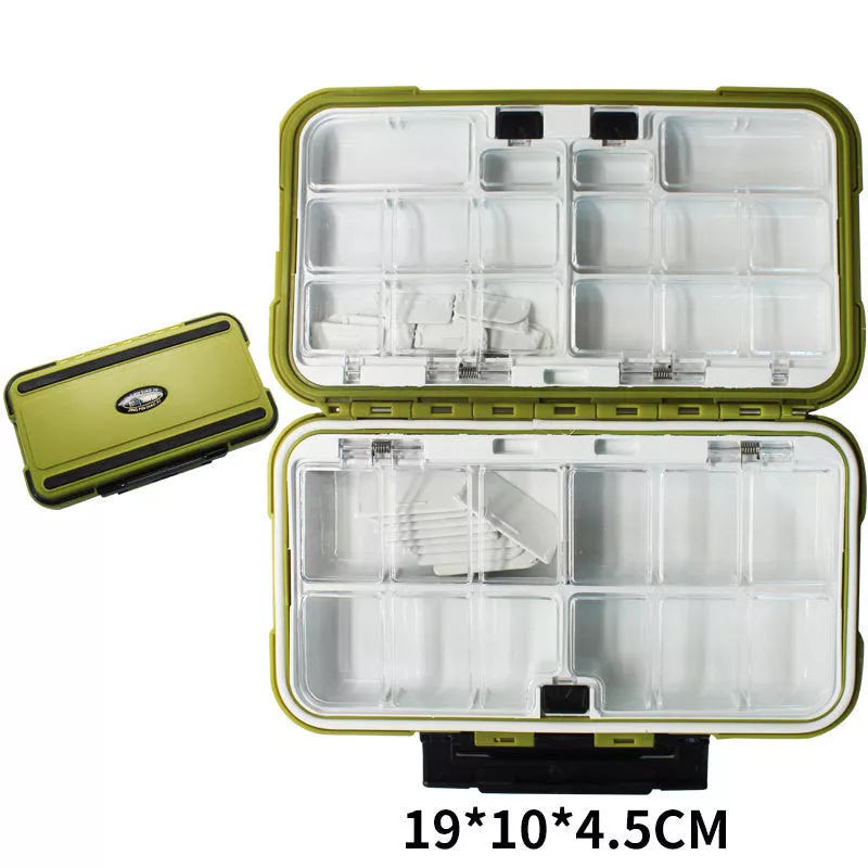 Double-layer spring fishing accessory box in army green, orange, black, and grey colors